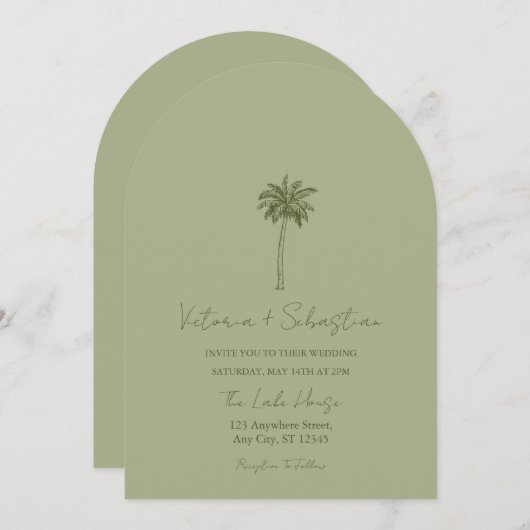 Minimal Green Palm Tree Beach Wedding Invitation 招待状 (正面/裏面)