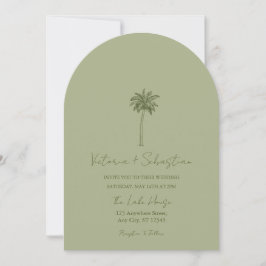 Minimal Green Palm Tree Beach Wedding Invitation 招待状