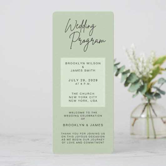 Minimal Green Sage Wedding Programs 招待状 (スタンド正面)