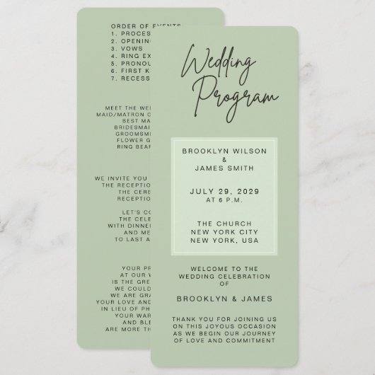 Minimal Green Sage Wedding Programs 招待状 (正面/裏面)