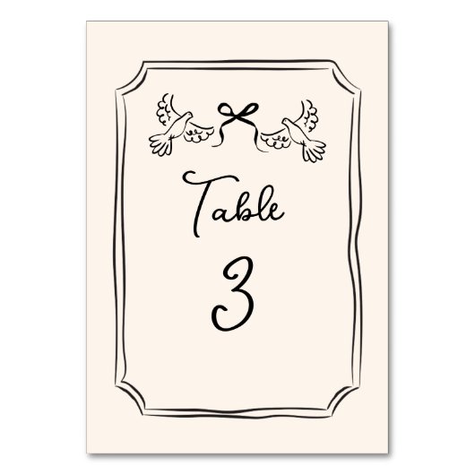 Minimal Hand-Drawn Doves Wedding Table Number Card テーブルナンバー (正面)