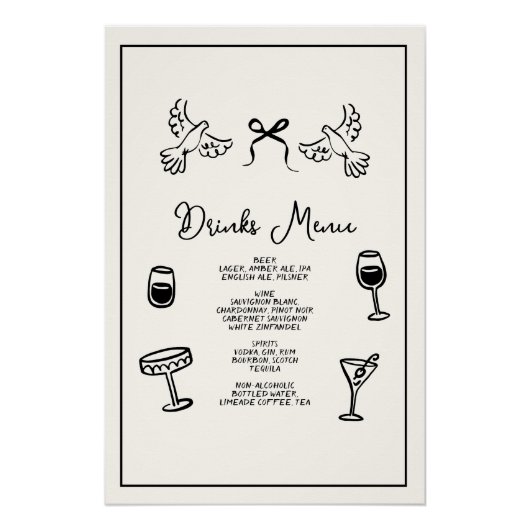 Minimal Hand Drawn “Drinks Menu” Wedding Bar  ポスター (正面)