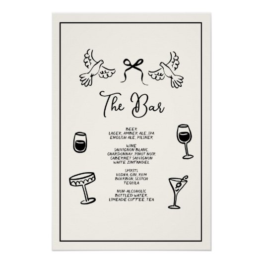 Minimal Hand Drawn “Drinks Menu” Wedding Bar  ポスター (正面)