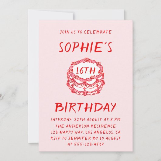 Minimal Hand Drawn Red Cake 16th Birthday 招待状 (正面)