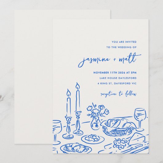 Minimal Hand Drawn Whimsical Doodle Wedding Invite セーブザデート (正面/裏面)