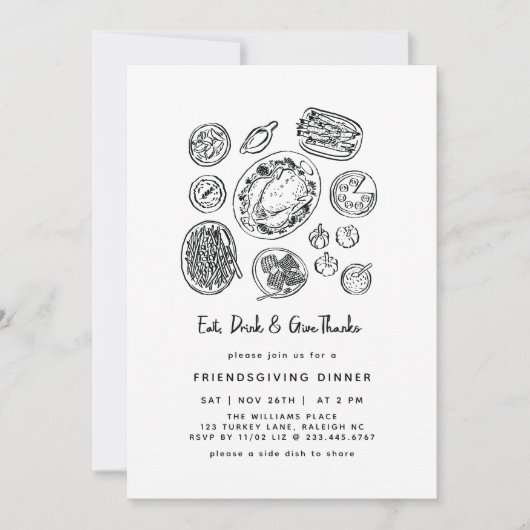 Minimal Handdrawn Friendsgiving Dinner Fall 招待状 (正面)