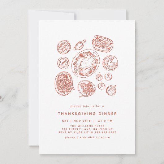 Minimal Handdrawn Thanksgiving Dinner Fall 招待状 (正面)