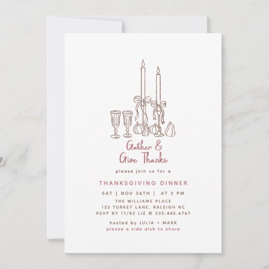 Minimal Handdrawn Thanksgiving Dinner Fall 招待状 (正面)