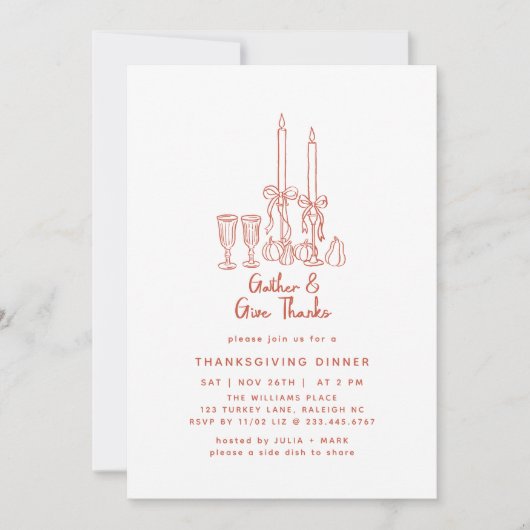 Minimal Handdrawn Thanksgiving Dinner Fall 招待状 (正面)