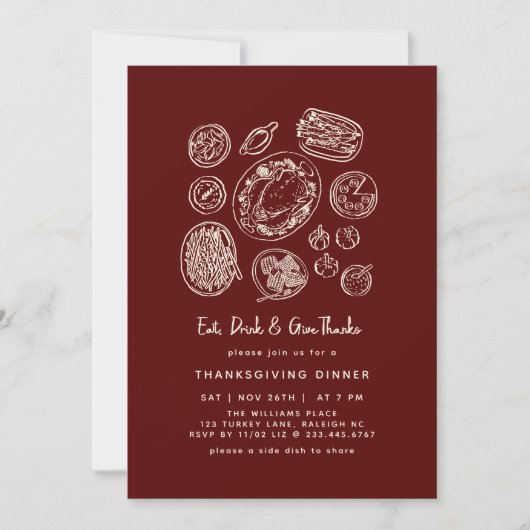 Minimal Handdrawn Thanksgiving Dinner Fall 招待状 (正面)