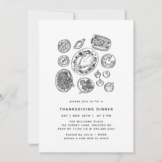 Minimal Handdrawn Thanksgiving Dinner Fall Invitat 招待状 (正面)