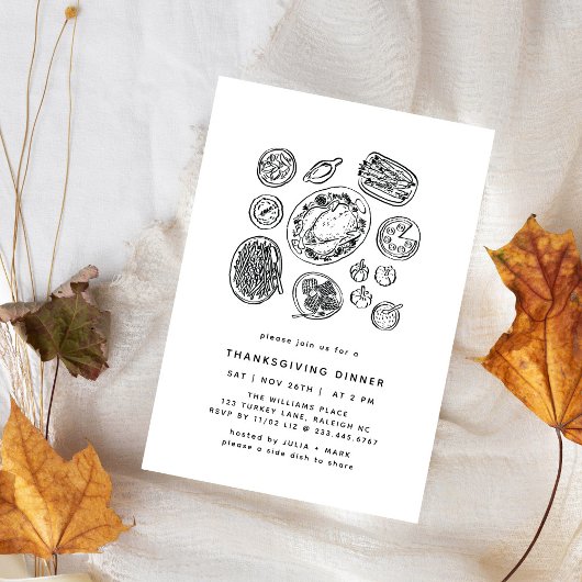 Minimal Handdrawn Thanksgiving Dinner Fall Invitat 招待状