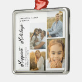 Minimal Happiest Holidays Script Family 4 Photos メタルオーナメント (左)