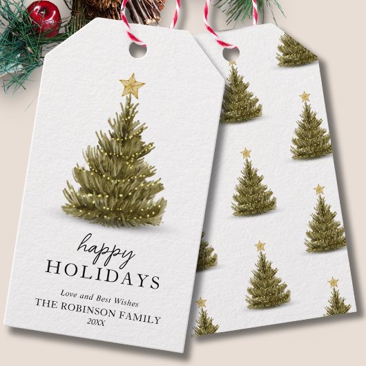 Minimal Happy Holidays Green Christmas Pine Tree ギフトタグ