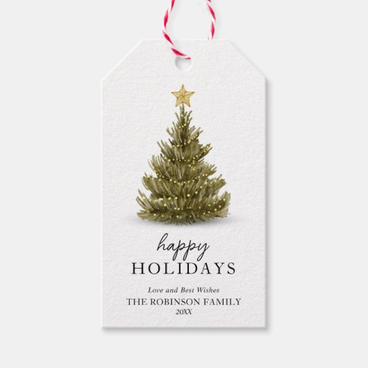 Minimal Happy Holidays Green Christmas Pine Tree ギフトタグ (正面)