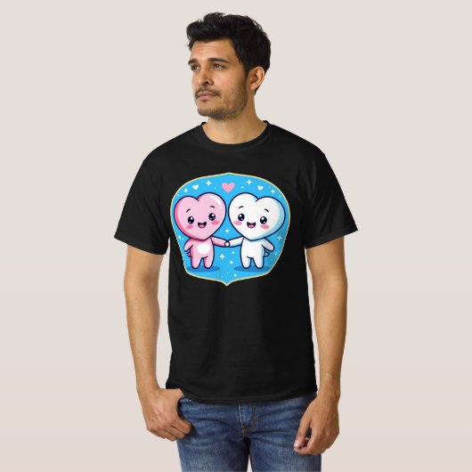 Minimal Heart Mascots Holding Hands Tシャツ (正面フル)