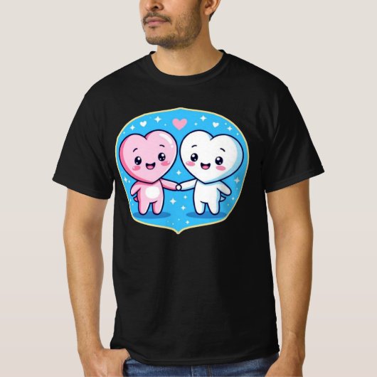 Minimal Heart Mascots Holding Hands Tシャツ (正面)