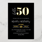 Minimal Hello 50 Script 50th Birthday Black Gold  箔招待状 (正面)