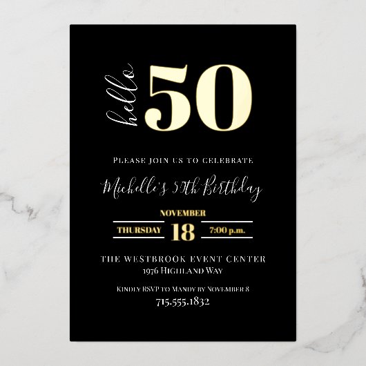 Minimal Hello 50 Script 50th Birthday Black Gold  箔招待状 (正面)