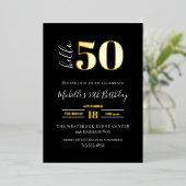 Minimal Hello 50 Script 50th Birthday Black Gold  箔招待状 (立ち正面)