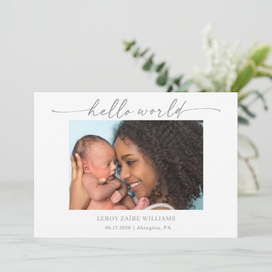 Minimal Hello World Baby Photo Announcement Card 招待状 (スタンド正面)