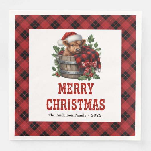 Minimal highland cow red black plaid napkins (正面)