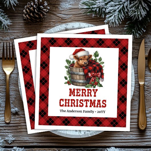 Minimal highland cow red black plaid napkins