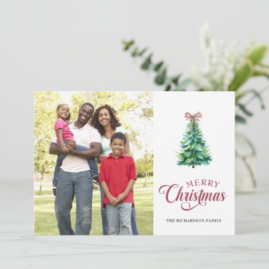 Minimal Holiday Tree Bow Photo Christmas Card シーズンカード (スタンド正面)