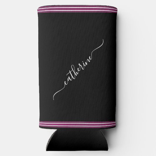 Minimal Hot Pink Black White Cursive Script Name スリム缶クーラー (裏面)