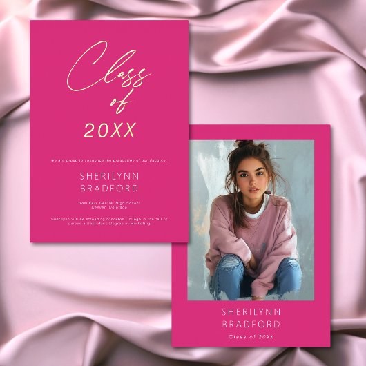 Minimal Hot Pink & White Graduation Announcement 箔招待状