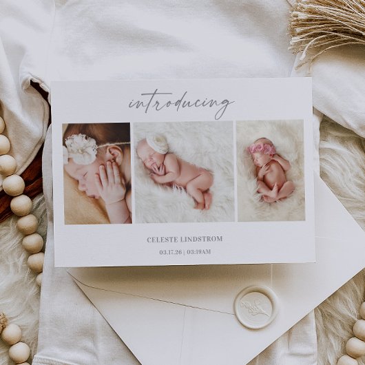 Minimal Introducing Baby Photo Announcement Card 招待状