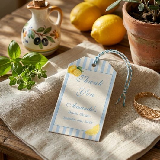 Minimal Italian Blue Stripe Lemons bridal Shower ギフトタグ