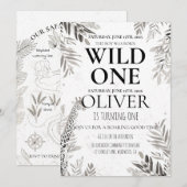 Minimal Jungle Wild One 1st Birthday Greenery 招待状 (正面/裏面)