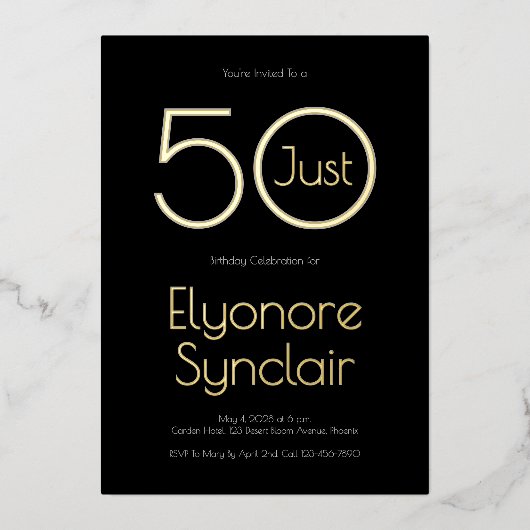 Minimal Just Fifty 50th Birthday Party 箔招待状 (正面)