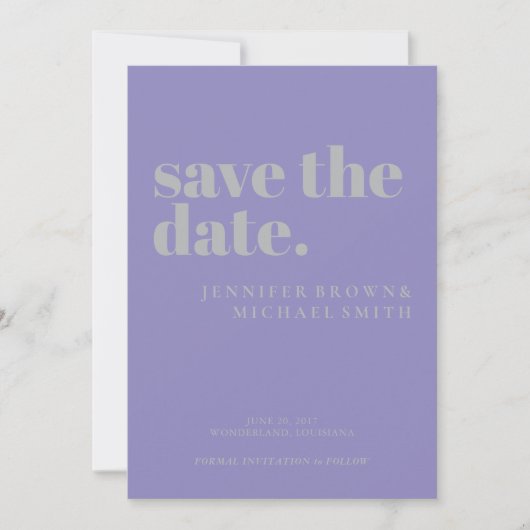 Minimal Lavender Silver Wedding Photo Calligraphic セーブザデート (正面)