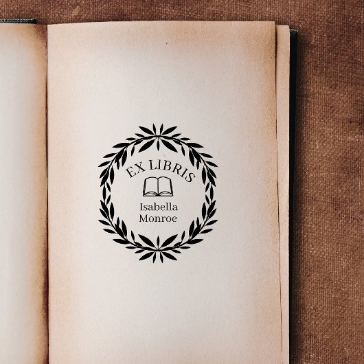 Minimal Leaf Botanical Wreath Ex Libris Bookplate ラバースタンプ