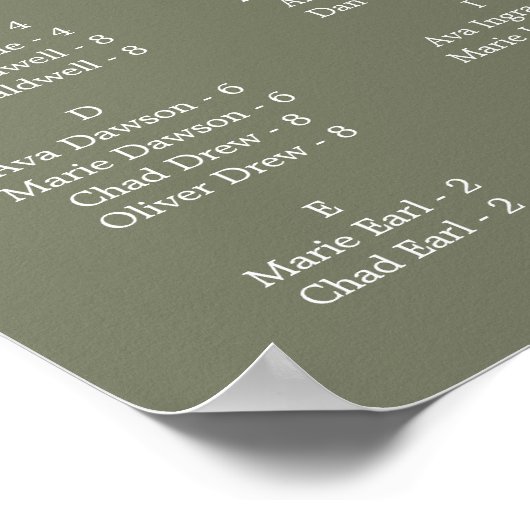 Minimal Leaf Dark Green Alphabetical Seating Chart ポスター (角)
