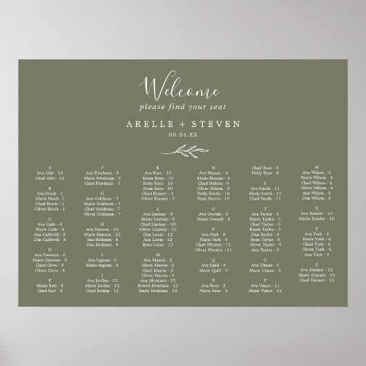 Minimal Leaf Dark Green Alphabetical Seating Chart ポスター (正面)