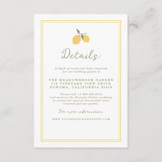 Minimal Lemon Amalfi Coast Wedding Details Card エンクロージャーカード (正面)