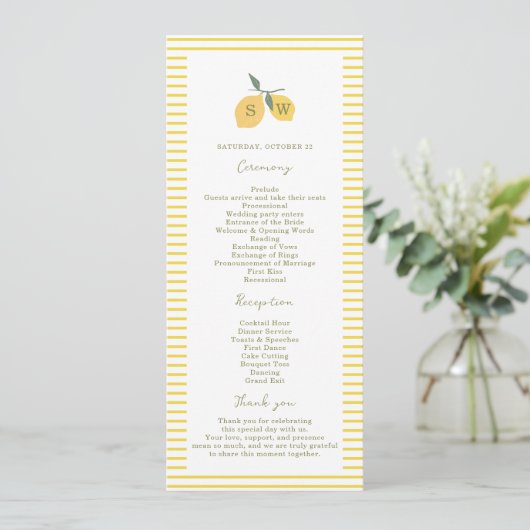 Minimal Lemon Amalfi Coast Wedding Program Card 招待状 (スタンド正面)