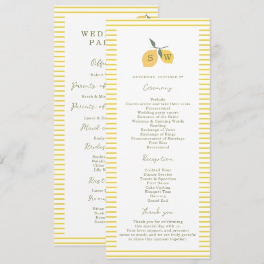 Minimal Lemon Amalfi Coast Wedding Program Card 招待状 (正面/裏面)