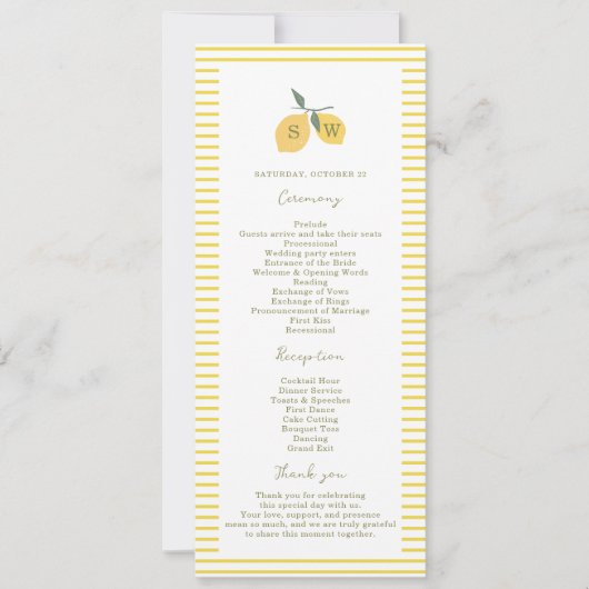 Minimal Lemon Amalfi Coast Wedding Program Card 招待状 (正面)