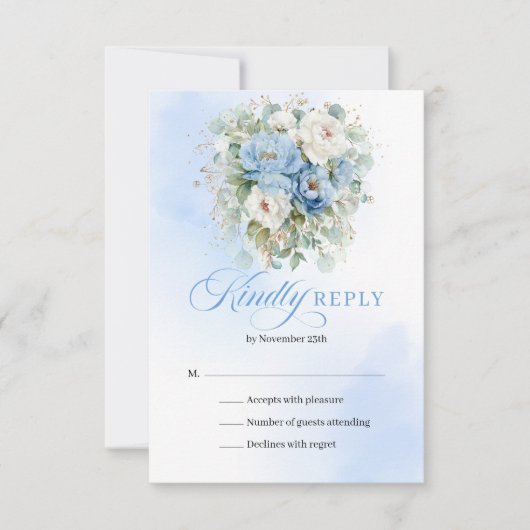 Minimal Light Blue Floral Wedding RSVP (正面)
