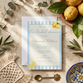 Minimal Light Blue Stripes Lemons bridal Shower 招待状