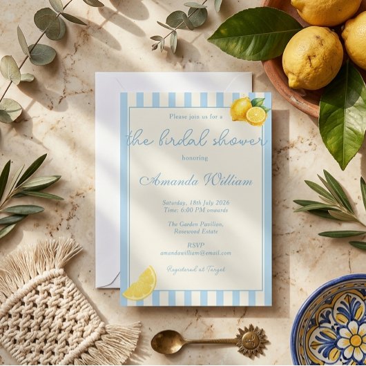 Minimal Light Blue Stripes Lemons bridal Shower 招待状