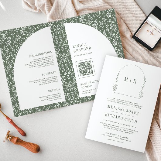 Minimal Line Art Leaf Arch Sage Green Wedding 招待状
