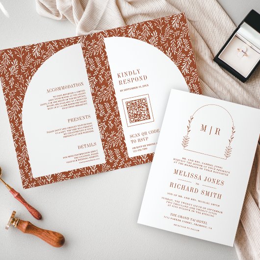 Minimal Line Art Leaf Arch Terracotta Wedding 招待状