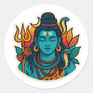 Minimal Lord Shiva Illustration – Trishul, Damru ラウンドシール