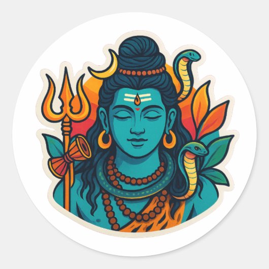 Minimal Lord Shiva Illustration – Trishul, Damru ラウンドシール (正面)