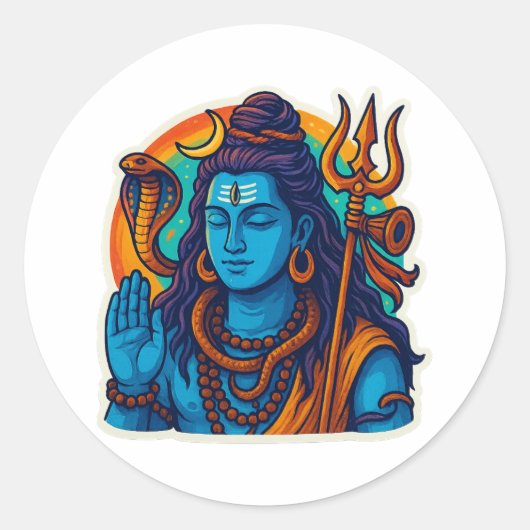Minimal Lord Shiva Illustration – Trishul, Damru ラウンドシール (正面)